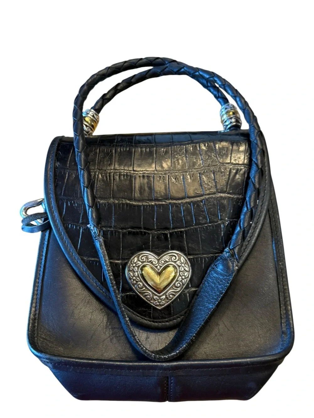Brighton Black Croc-Embossed Heart Accent Shoulder Bag